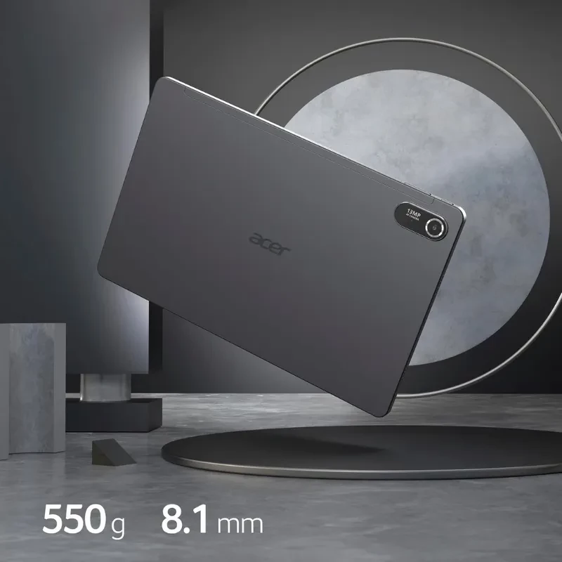 Imagen ilustrativa con vista trasera de la tablet Iconia Tab P11 en color gris con datos del peso y el grosor