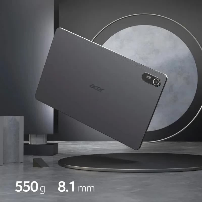 Imagen ilustrativa con vista trasera de la tablet Iconia Tab P11 en color gris con datos del peso y el grosor