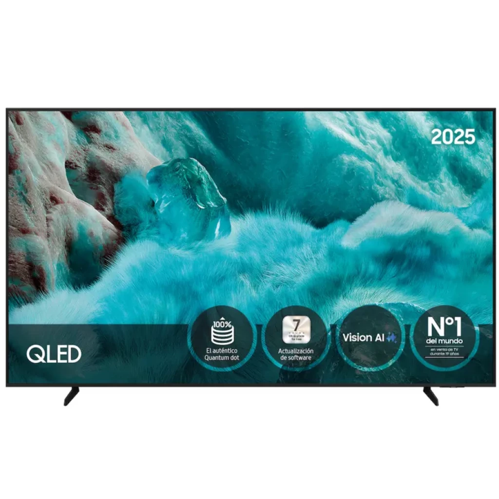 Samsung TQ75Q7F4AU 75 polegadas, ecrã QLED 4K com moldura fina preta, pés discretos e ícones destacando Vision AI, HDR10+ e atualização de software