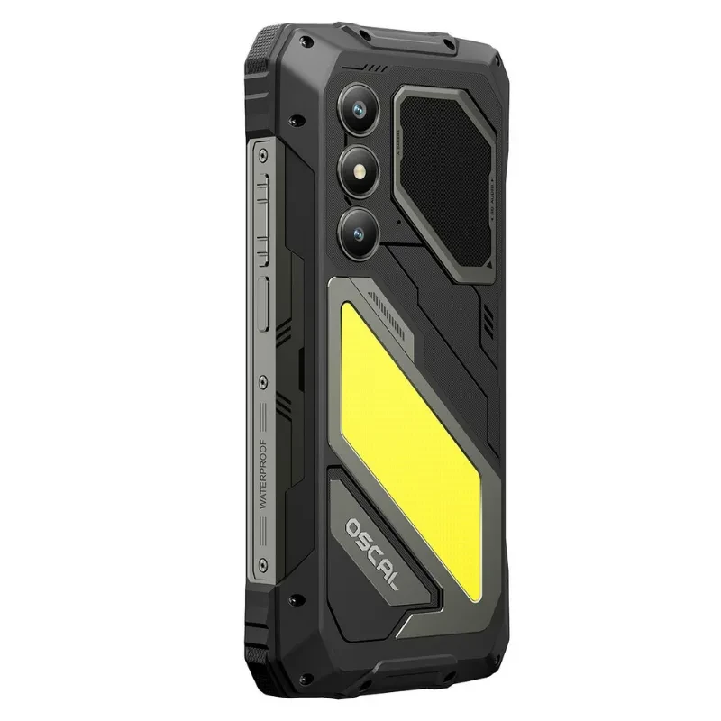 Vista traseira do Oscal Pilot 5 com módulo de câmaras, lanterna LED amarela, altifalante e logótipo da marca