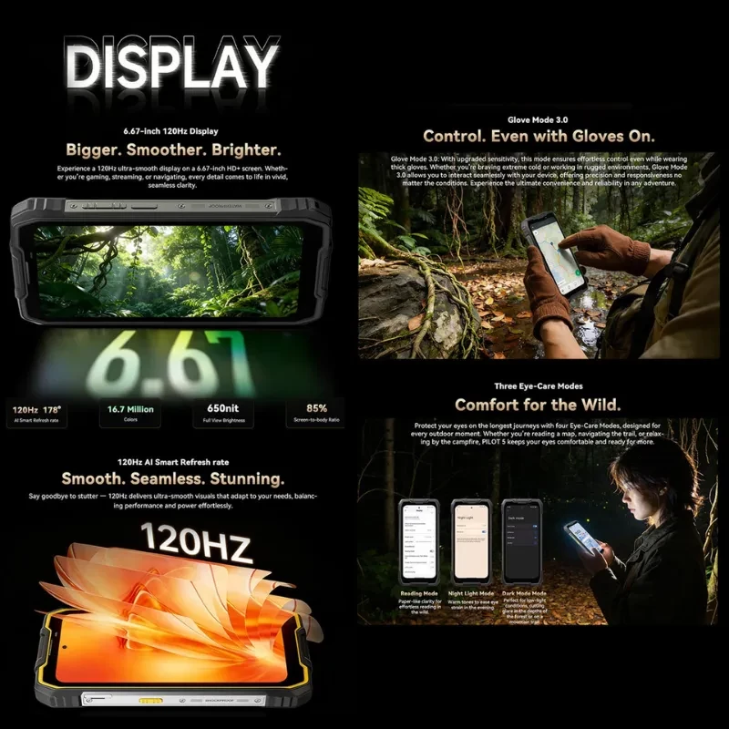 Imagem promocional com características do ecrã do Oscal Pilot 5, modo luvas e modos de conforto visual