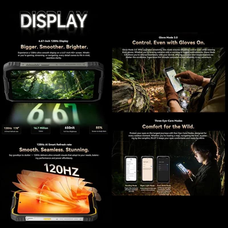 Imagem promocional com características do ecrã do Oscal Pilot 5, modo luvas e modos de conforto visual