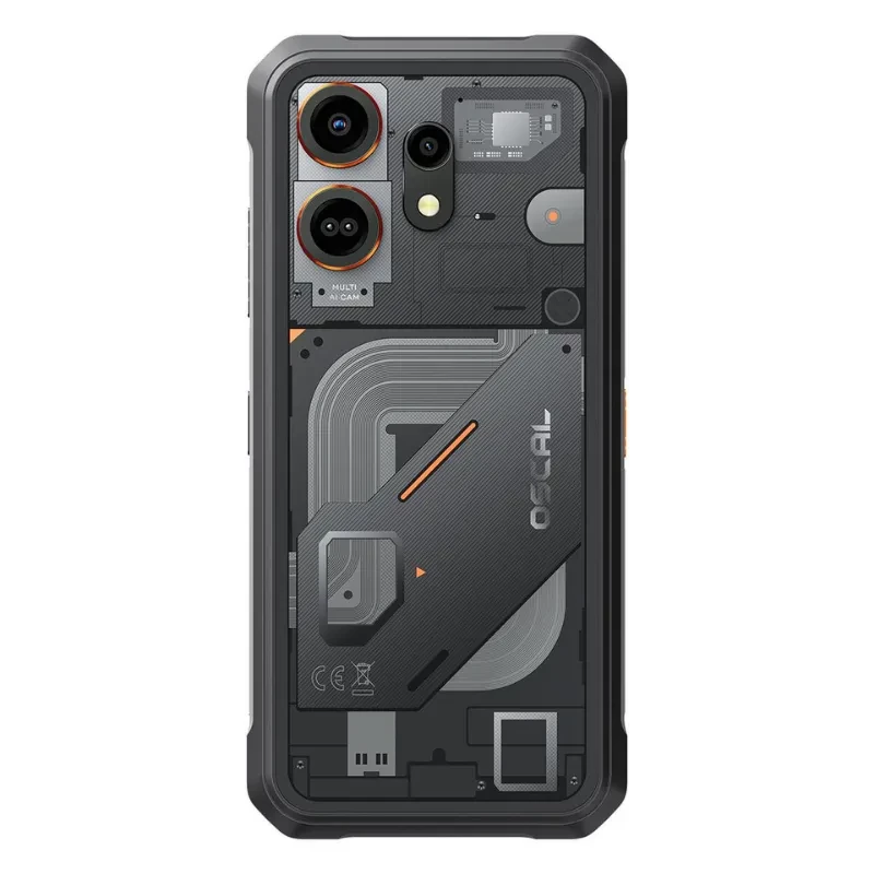 Vista traseira do Oscal Marine 3 com design preto com detalhes em laranja, câmara traseira dupla, flash e sensor