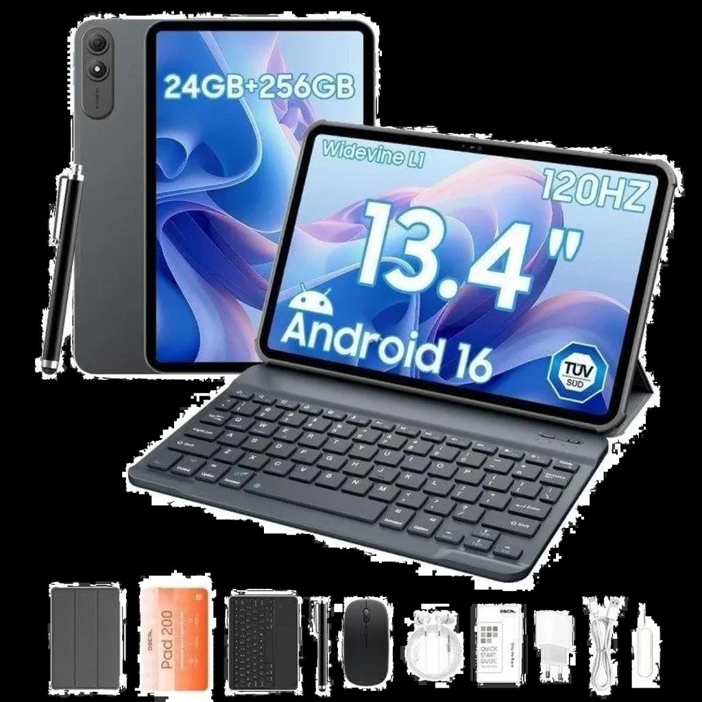 Blackview Oscal Pad 200 cinza com tela ampla bordas finas, câmera traseira dupla 16 MP em módulo elevado e acabamento metálico elegante