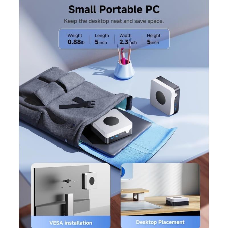 Chuwi LarkBox X mini PC cuadrado gris con panel negro, puertos frontales y laterales, admite montaje VESA y uso en escritorio, diseño compacto y ligero