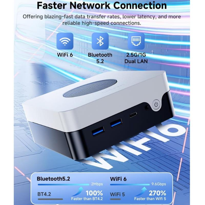 Chuwi LarkBox X Mini PC compacto en gris y negro con puertos frontales USB y USB-C, doble LAN 2.5G/1G, WiFi 6 y Bluetooth 5.2, diseño moderno y minimalista