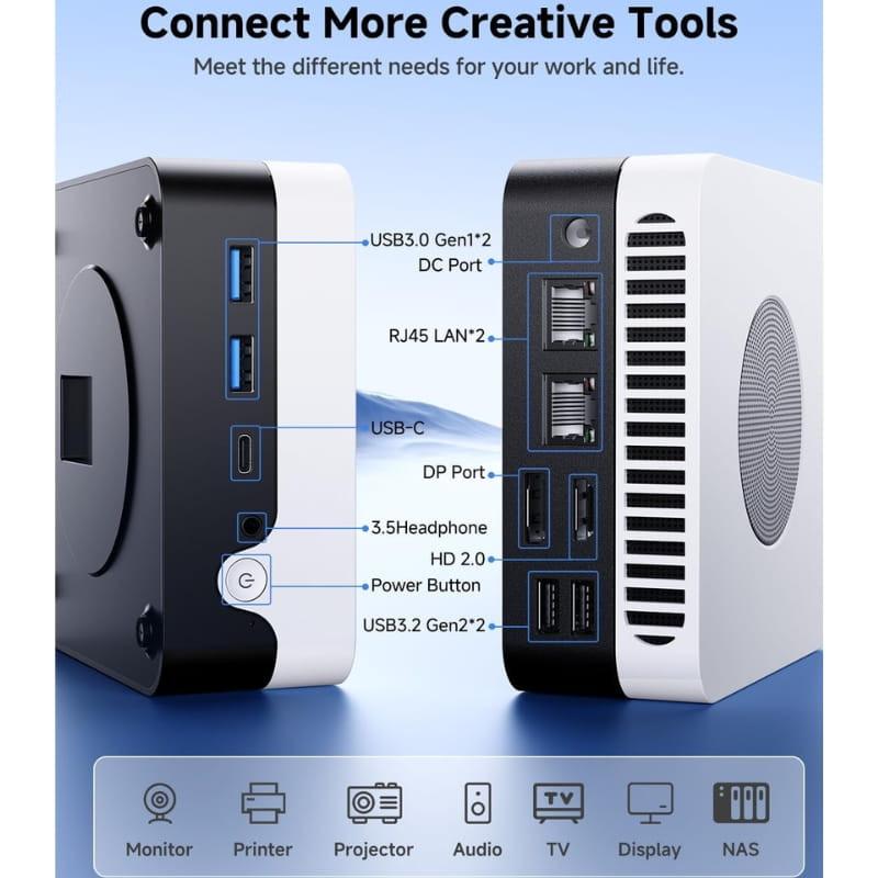 Chuwi LarkBox X mini PC con puertos frontales USB-A y USB-C, botón de encendido y lateral con RJ45, HDMI, DP, USB adicionales y ventilación en carcasa bicolor