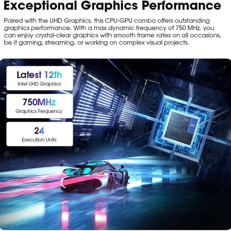 Gráfica Intel UHD con 24 EU, frecuencia hasta 750 MHz. Destaca rendimiento visual fluido para juegos, streaming y proyectos visuales exigentes.