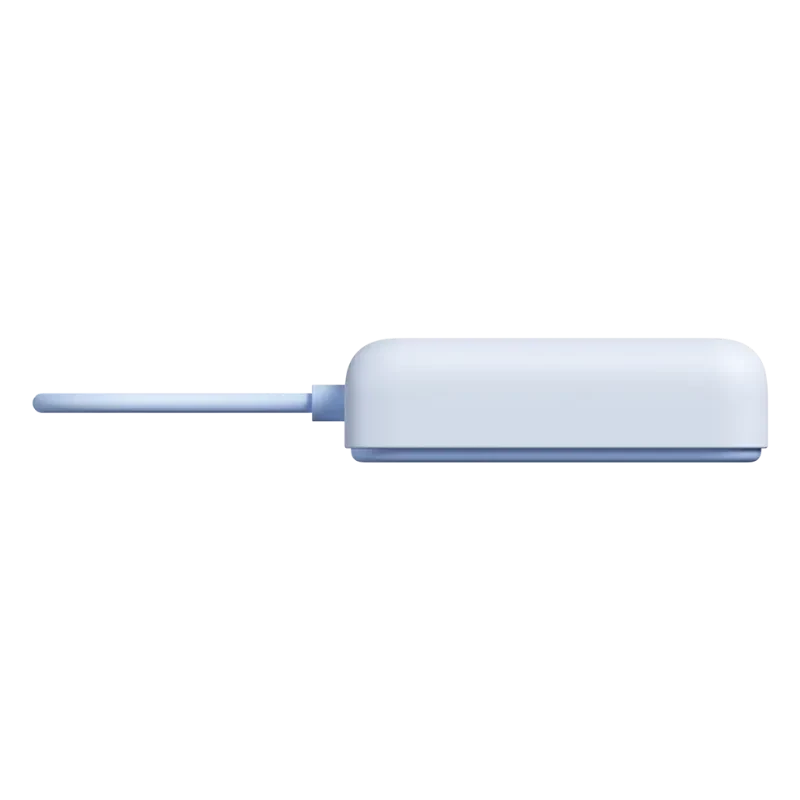 Power bank magnético azul 10000 mAh, 33W, diseño compacto con bordes redondeados y soporte integrado desplegable; puerto lateral y acabado mate elegante