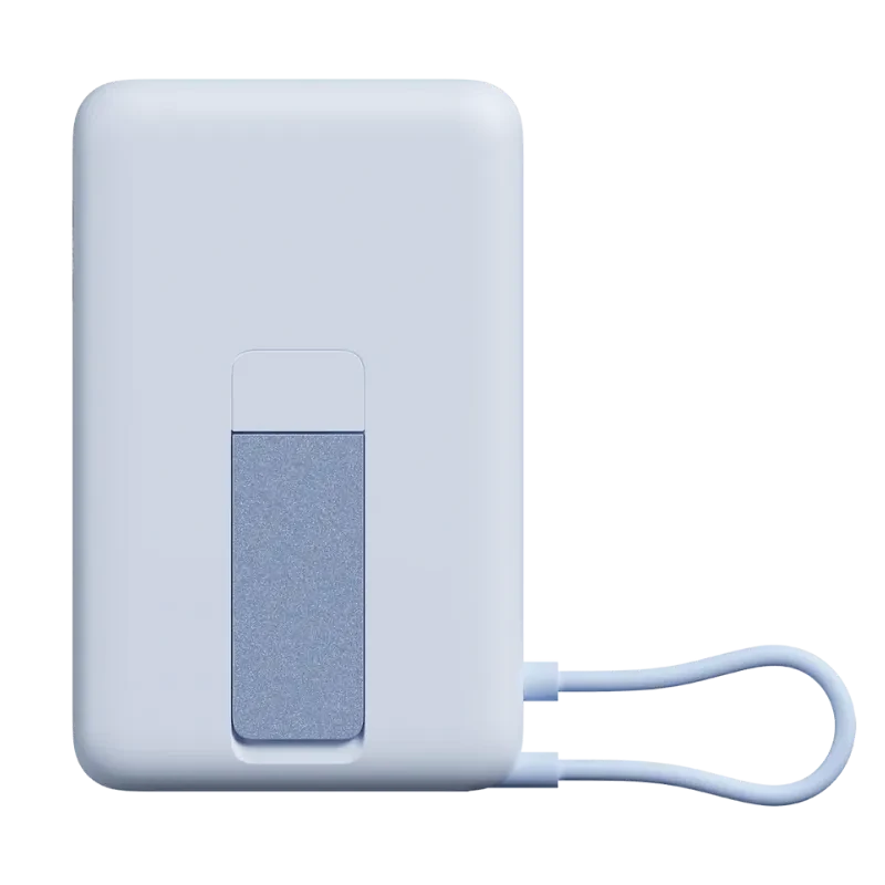 Power bank azul de 10000 mAh con carga 33W, superficie magnética y soporte integrado plegable; diseño compacto con cable corto incluido