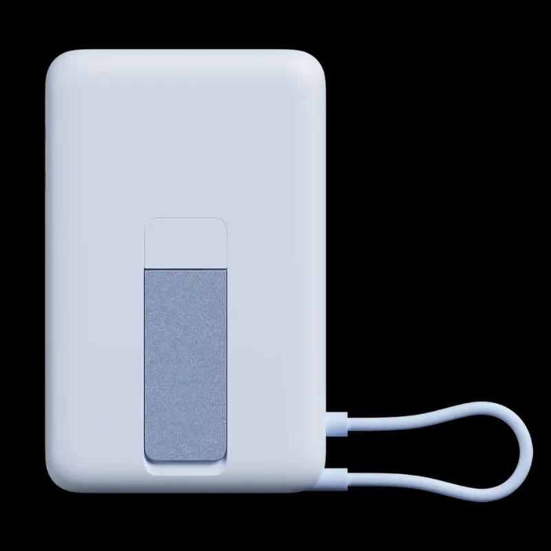 Power bank azul de 10000 mAh con carga 33W, superficie magnética y soporte integrado plegable; diseño compacto con cable corto incluido