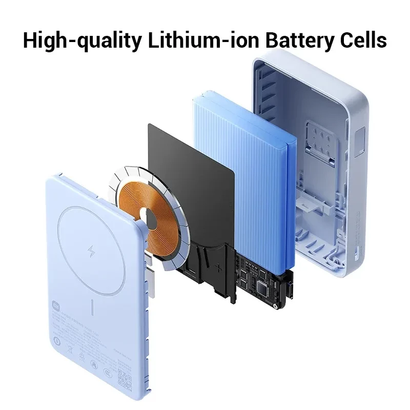 Xiaomi Magnetic Power Bank 10000 33W Azul con soporte: vista en explosión muestra carcasa, bobina magnética, batería de iones de litio y placa interna