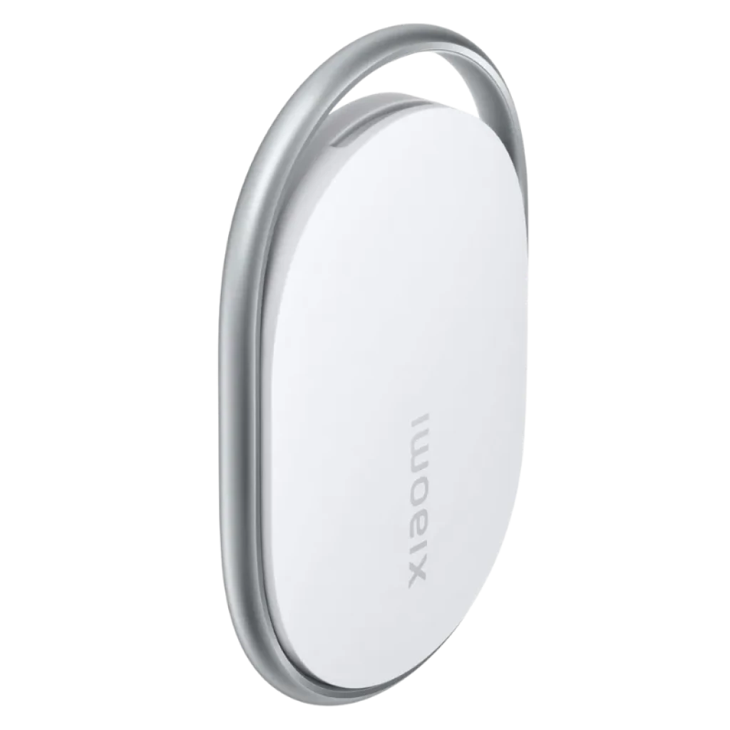 Vista a 45 grados del Xiaomi Tag en color blanco con borde metálico