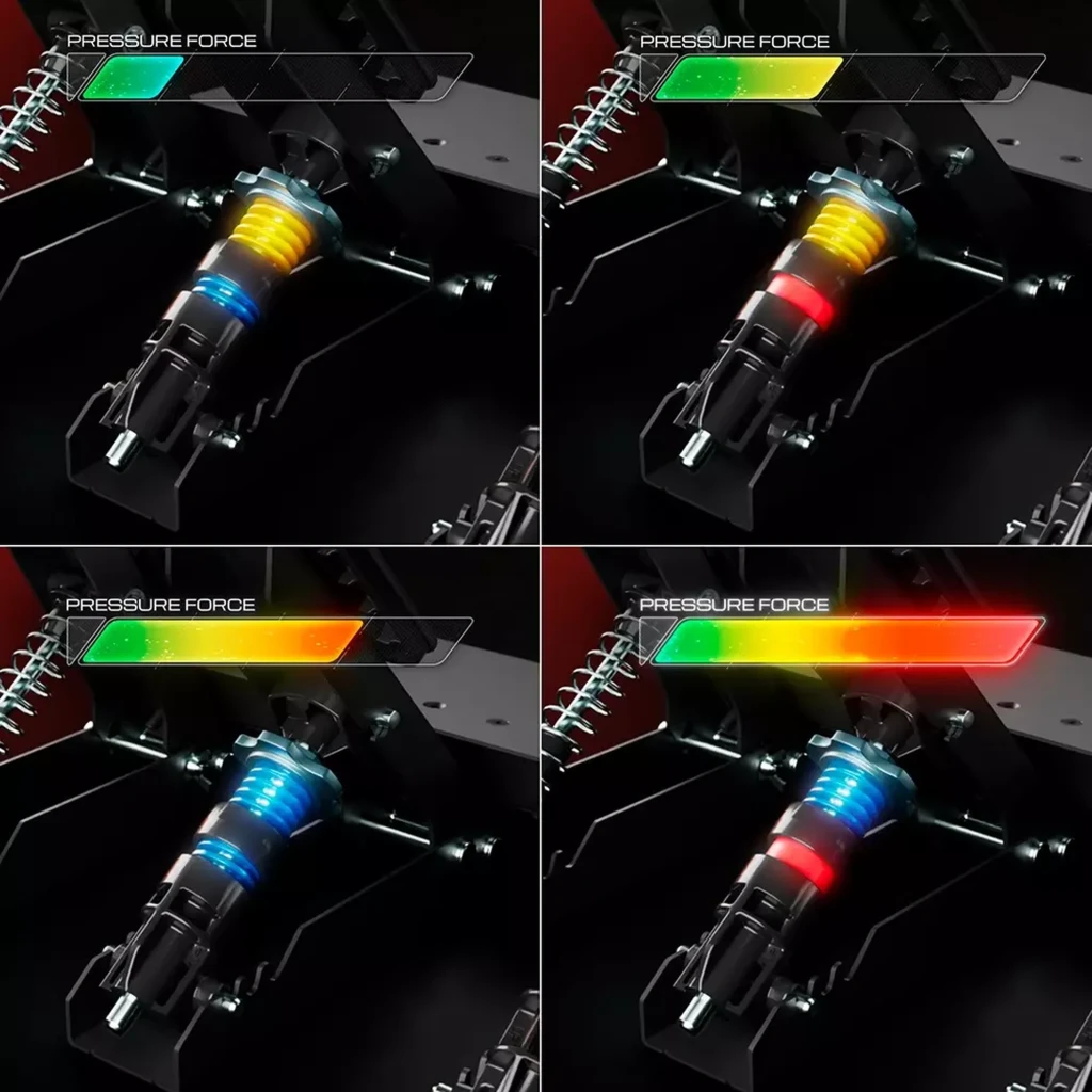 Thrustmaster RACE PEDALS III LC muestra resortes de colores ajustables con indicador de fuerza de presión, diseño metálico robusto y mecanismo modular de 3