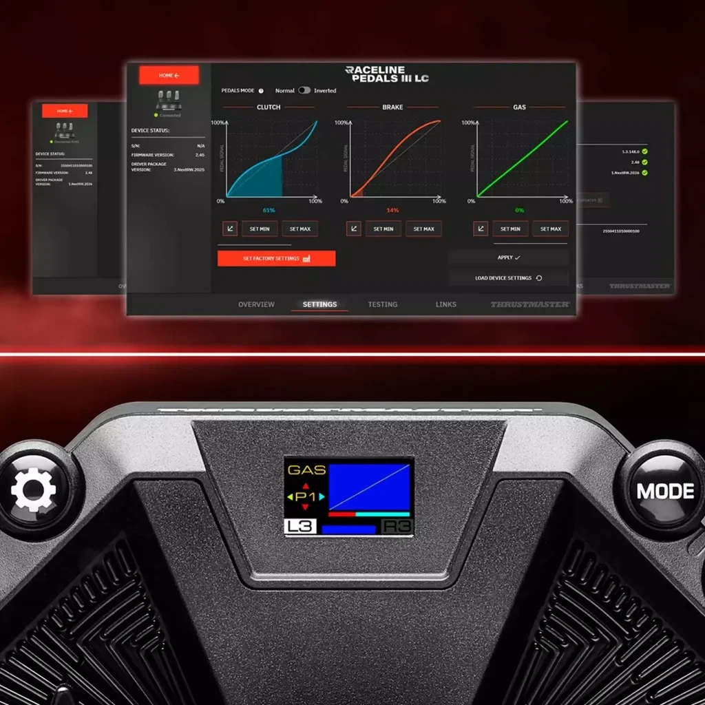 Pantalla LCD a color en pedalera Thrustmaster RACE PEDALS III LC con iconos de gas, freno y embrague, botones GAS y MODE y ajustes de curvas en software
