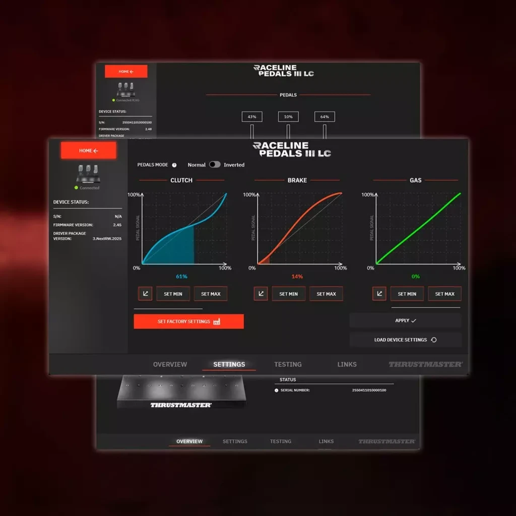 Interfaz de calibración para Thrustmaster RACE PEDALS III LC con gráficos de curva de embrague, freno y acelerador y ajustes de sensibilidad y recorrido
