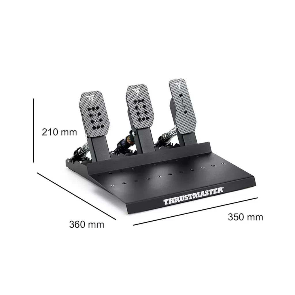 Thrustmaster RACE PEDALS III LC con 3 pedales metálicos modulables, resortes visibles y base robusta. Medidas: 210 mm alto, 360 mm fondo, 350 mm ancho.