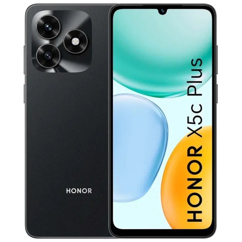 Honor X5c Plus negro con pantalla 6.78 pulgadas, notch en forma de gota, marcos delgados, triple cámara trasera en módulo cuadrado y logo HONOR frontal