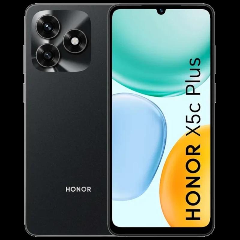Honor X5c Plus negro con pantalla 6.78 pulgadas, notch en forma de gota, marcos delgados, triple cámara trasera en módulo cuadrado y logo HONOR frontal