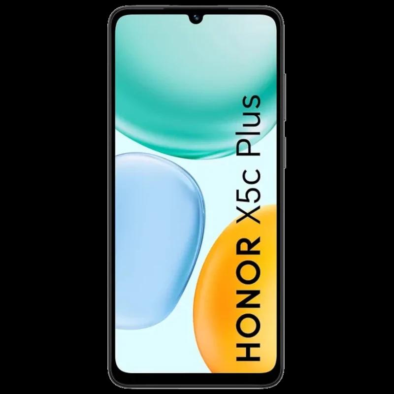 Honor X5c Plus negro con pantalla 6.78 pulgadas, notch en gota y marcos delgados. Texto lateral HONOR X5c Plus, diseño frontal minimalista y elegante