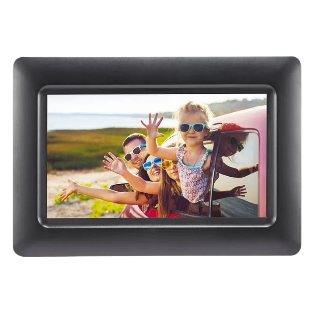 AgfaPhoto Realiview APF700: marco digital negro con pantalla LED de 7 pulgadas, borde grueso mate y display brillante que resalta colores y detalles