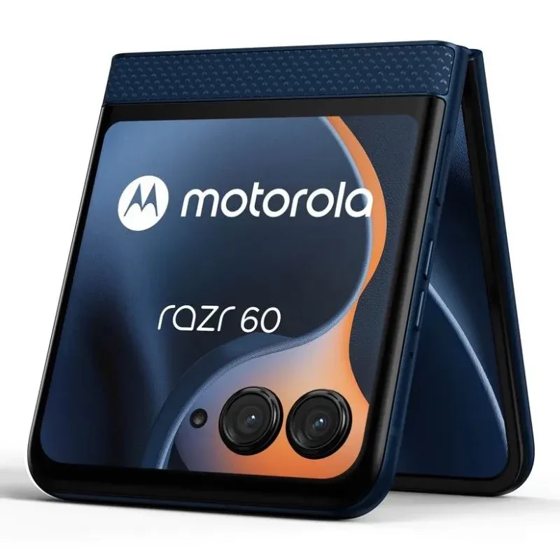 Motorola Razr 60 5G bleu Gibraltar Sea pliable, double appareil photo arrière, écran externe, design élégant avec logo Motorola et mention razr 60