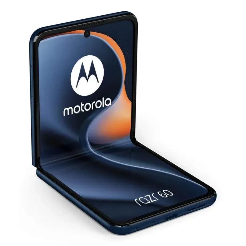 Motorola Razr 60 5G pliable bleu Gibraltar Sea, écran OLED 6,9 pouces bord à bord, charnière discrète, format compact ouvert en L, logo Moto visible