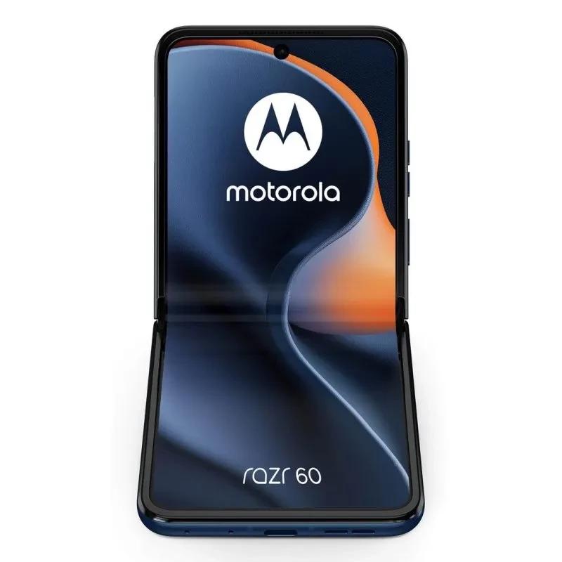 Motorola Razr 60 5G bleu Gibraltar Sea pliable, écran 6,9 pouces bord à bord, poinçon central, logo Motorola affiché, design fin et élégant, Moto AI