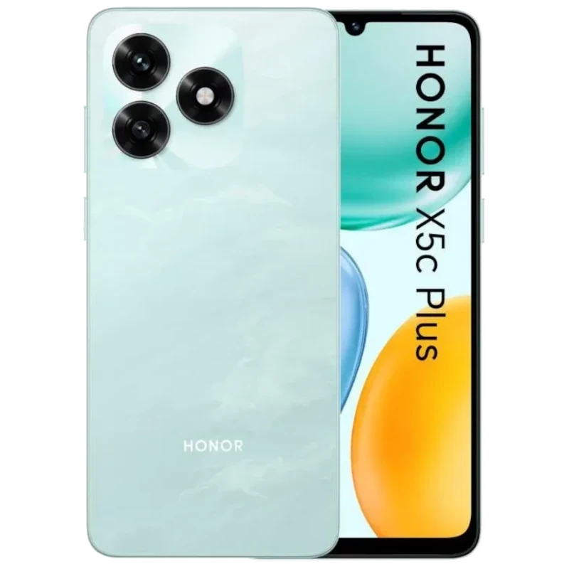 Honor X5c Plus cyan con triple cámara trasera en módulos circulares, pantalla con notch en V, 256GB, 4GB RAM y diseño elegante brillante