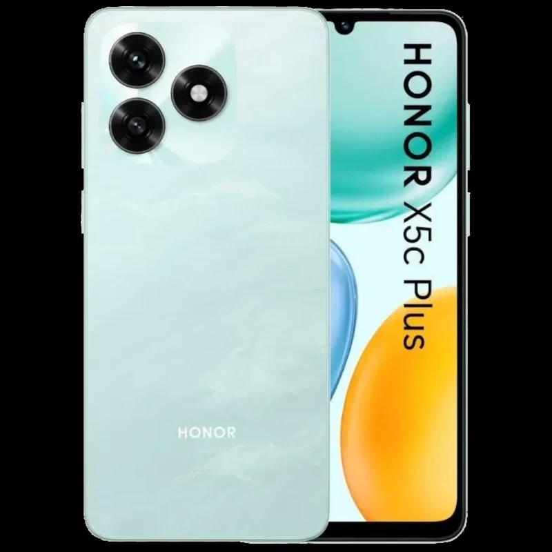 Honor X5c Plus cyan con triple cámara trasera en módulos circulares, pantalla con notch en V, 256GB, 4GB RAM y diseño elegante brillante