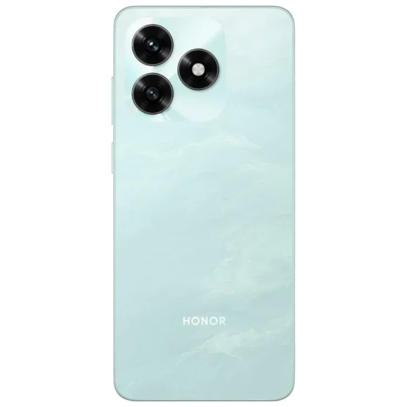 Honor X5c Plus cyan con tapa trasera brillante y módulo de triple cámara en triángulo; lente principal 50 Mpx y logotipo HONOR centrado en la parte baja