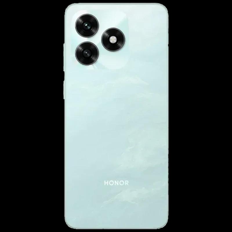 Honor X5c Plus cyan con tapa trasera brillante y módulo de triple cámara en triángulo; lente principal 50 Mpx y logotipo HONOR centrado en la parte baja