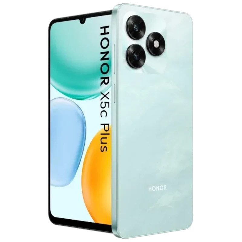 Honor X5c Plus color cian con pantalla amplia de borde fino y notch en gota, triple cámara trasera destacada y diseño elegante brillante