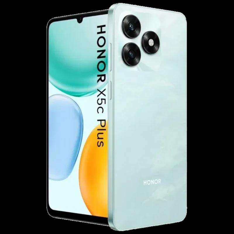 Honor X5c Plus color cian con pantalla amplia de borde fino y notch en gota, triple cámara trasera destacada y diseño elegante brillante