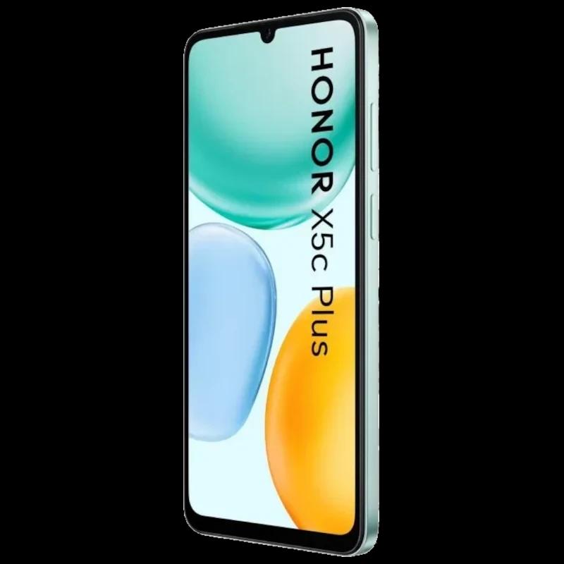 Honor X5c Plus color cian con pantalla amplia de borde delgado y notch en gota, botones laterales visibles y diseño curvo moderno, texto HONOR X5c Plus en