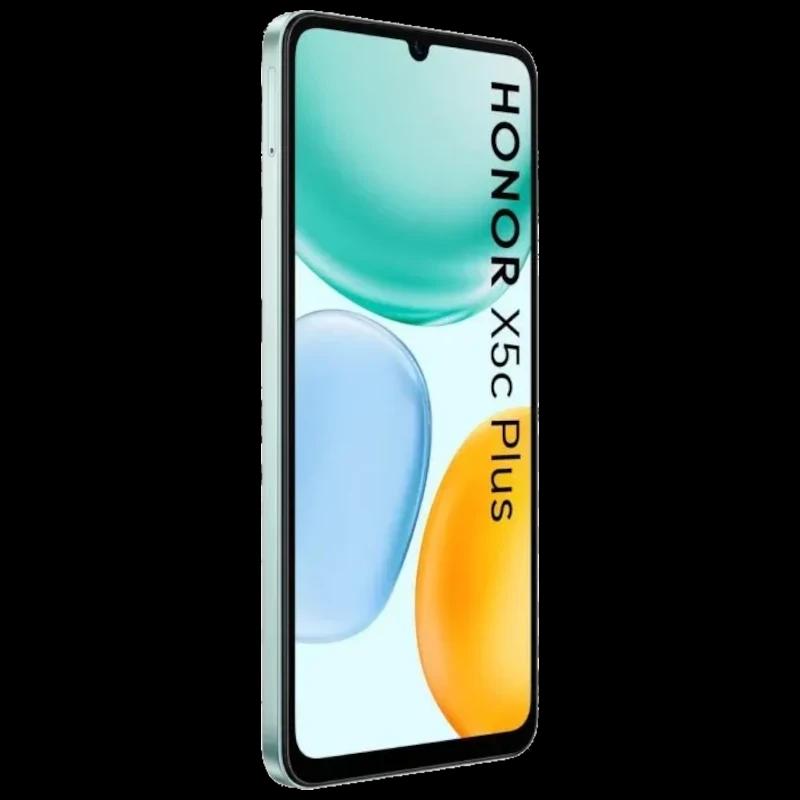 Honor X5c Plus cyan con pantalla grande de bordes delgados y notch en gota, lateral delgado y acabado mate; texto HONOR X5c Plus visible en el frontal