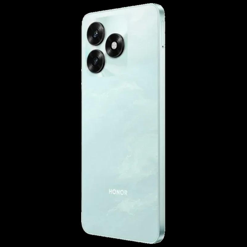 Honor X5c Plus cyan con tapa trasera brillante y triple cámara trasera destacada; módulo circular, bordes curvos y acabado elegante