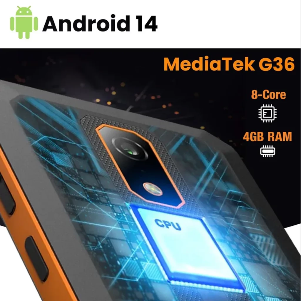 Hammer Iron VA 64GB con Android 14 y diseño robusto; módulo de cámara trasera destacado, acentos naranjas y gráfico que resalta CPU MediaTek G36 8 núcleos