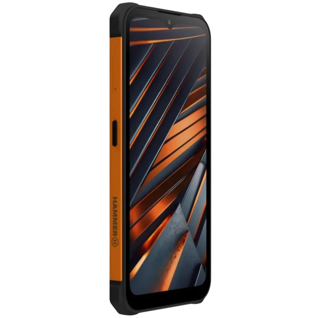 Hammer Iron VA robusto con marco naranja y negro, pantalla 6,56 pulgadas con notch en gota, bordes reforzados y diseño rugerizado para mayor resistencia