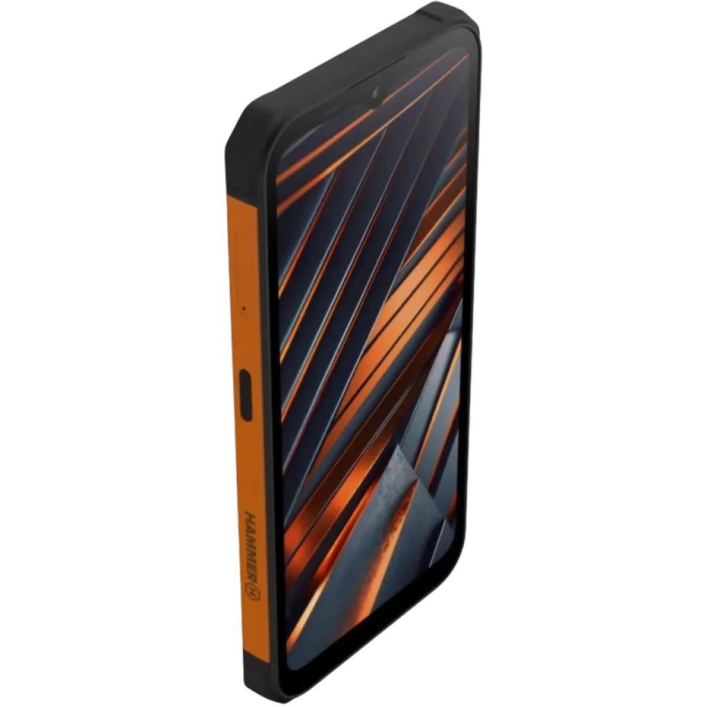 Hammer Iron VA 64GB con carcasa robusta negra y lateral naranja, pantalla 6,56 pulgadas con bordes gruesos y diseño frontal con líneas diagonales naranja y