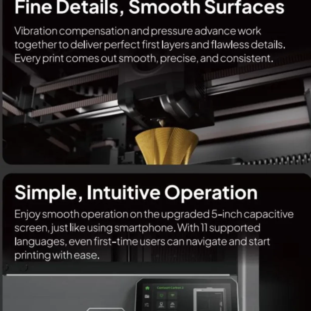 Elegoo Centauri Carbon 2 Combo FDM con pantalla táctil de 5 pulgadas y boquilla imprimiendo objeto dorado; detalles finos, superficies suaves y operación