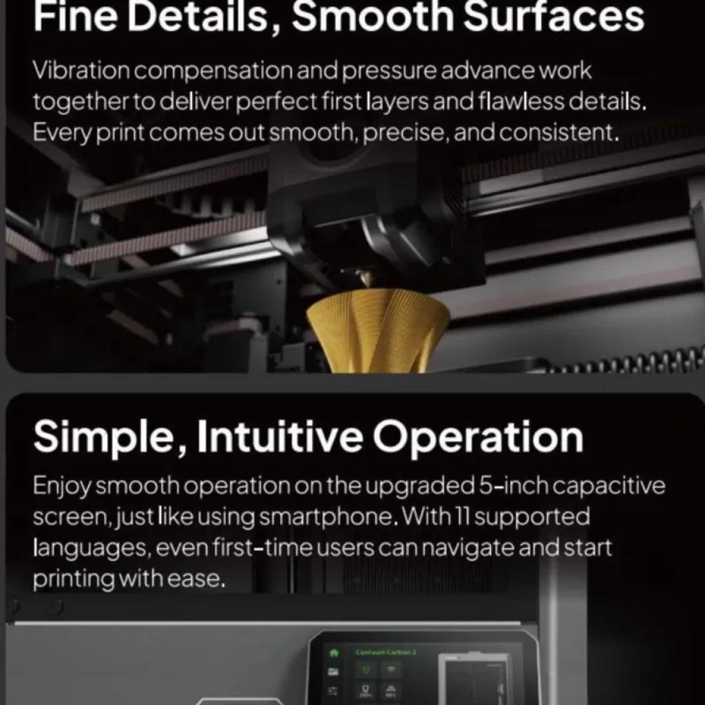 Elegoo Centauri Carbon 2 Combo FDM con pantalla táctil de 5 pulgadas y boquilla imprimiendo objeto dorado; detalles finos, superficies suaves y operación
