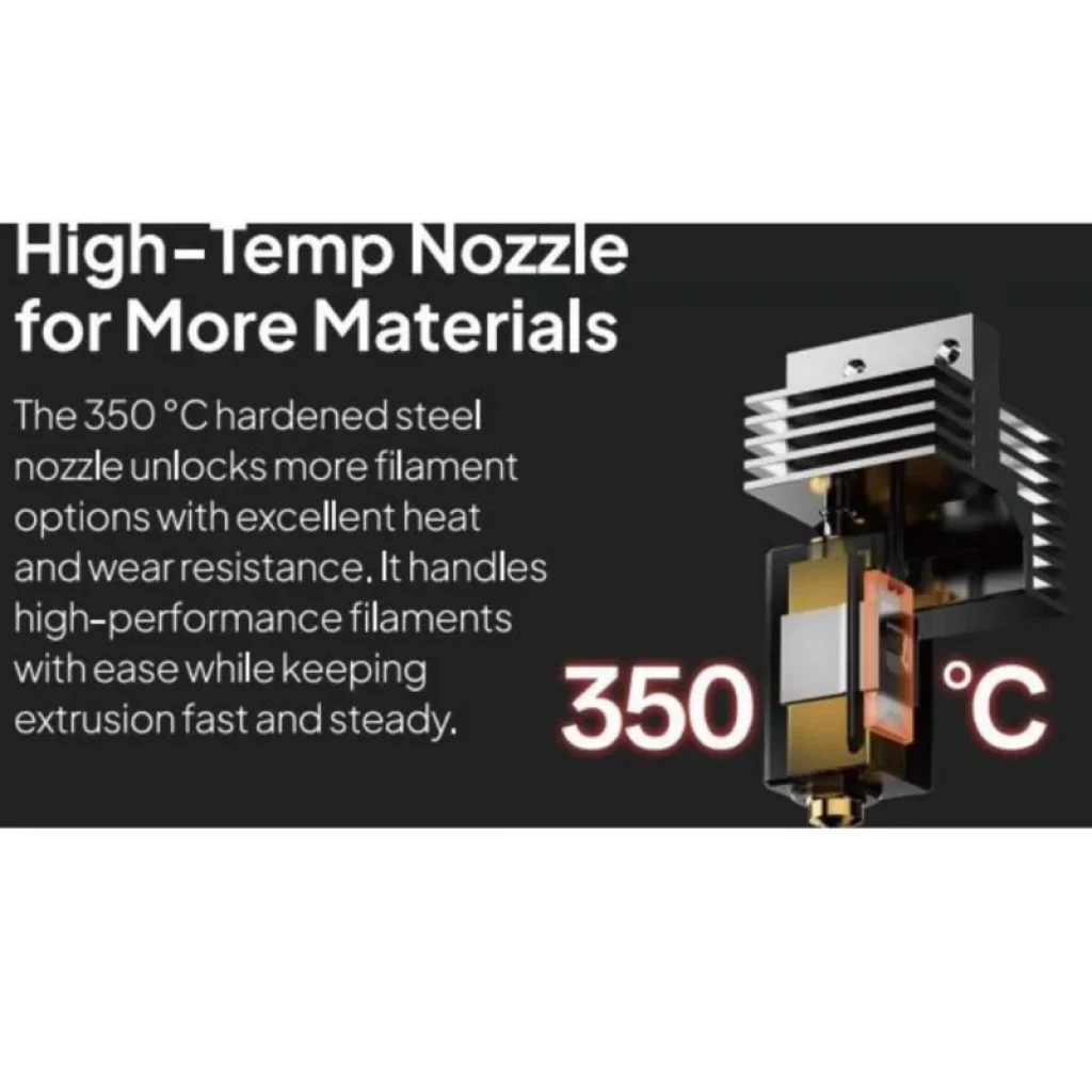 Boquilla de acero endurecido para 350 °C con bloque calefactor y disipador aleteado, apta para filamentos de alto rendimiento en Elegoo Centauri Carbon 2 Combo