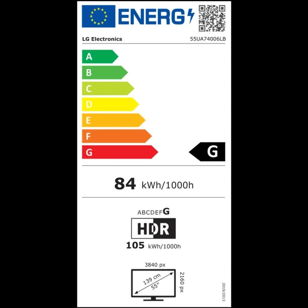 Étiquette énergie TV LG 55UA74006LB 55 pouces 4K UHD HDR classe G 84 kWh/1000h 105 kWh/1000h HDR résolution 3840x2160 diagonale 139 cm dimensions 123 cm x