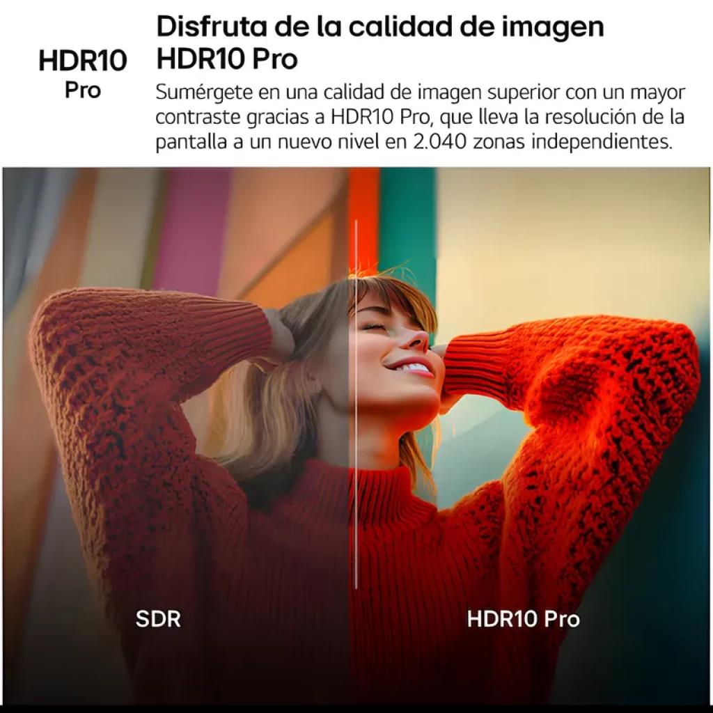 LG 55UA74006LB 55 pouces 4K UHD avec HDR10 Pro montrant contraste élevé et couleurs vives, comparatif SDR vs HDR pour détails précis sur 2040 zones