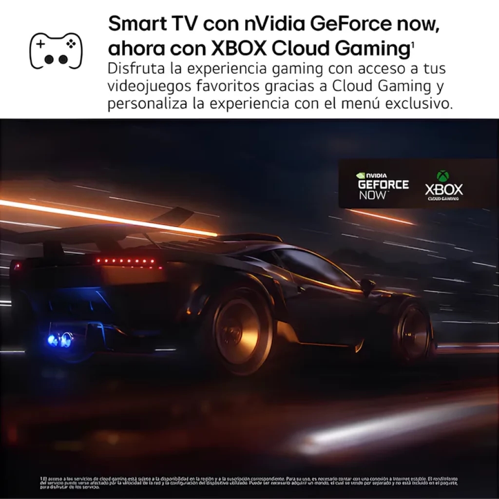 LG 55UA74006LB 55 4K UHD com nVidia GeForce NOW e Xbox Cloud Gaming, interface de jogos destacada, carro esportivo futurista em movimento luminoso