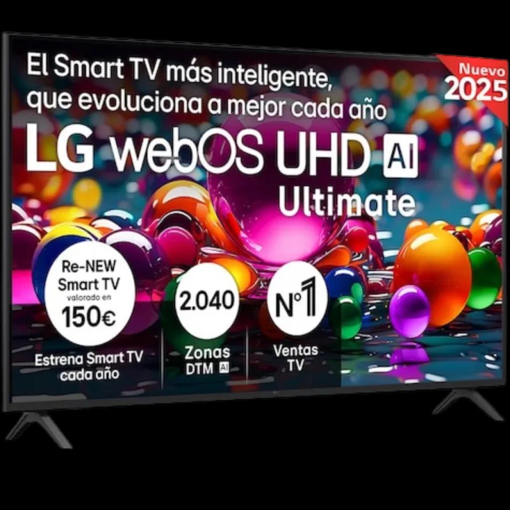 LG 55UA74006LB 55 pouces 4K UHD avec webOS AI Ultimate, écran fin à bords minces, couleurs vives et contraste élevé, pieds latéraux élégants