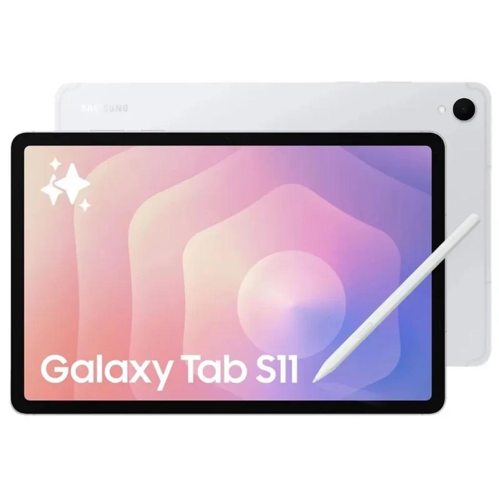 Tablet Samsung Galaxy Tab S11 plata con pantalla de 11 pulgadas, marco delgado, cámara trasera única y lápiz blanco incluido