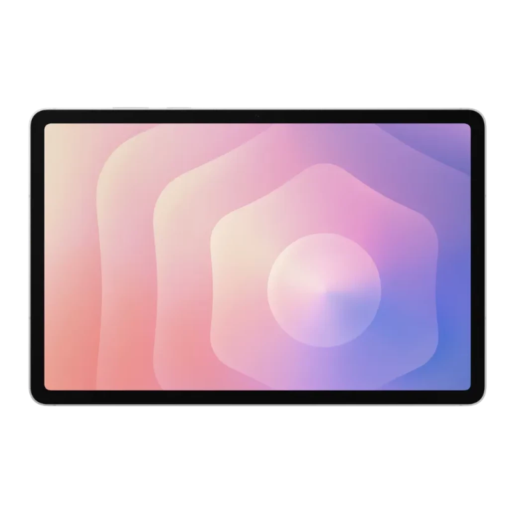 Samsung Galaxy Tab S11 plata con pantalla de 11 pulgadas sin biseles anchos, frontal negro y cámara frontal centrada