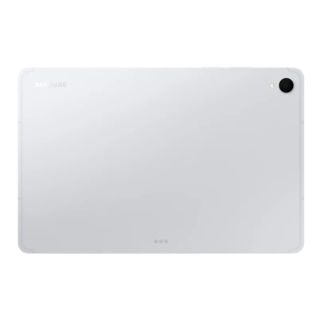 Samsung Galaxy Tab S11 Plata vista trasera, acabado metálico, cámara única en esquina, diseño delgado y minimalista, conectores magnéticos inferiores